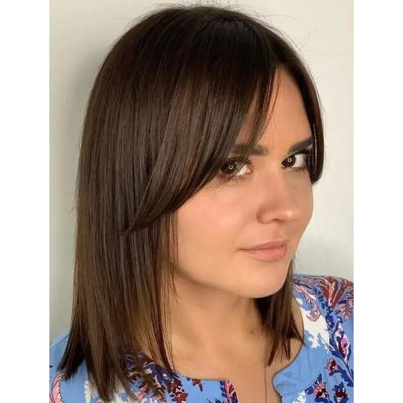 Women's Wigs Lace Front Synthetic Straight Brown Bobs Side-Swept Bangs Wigs