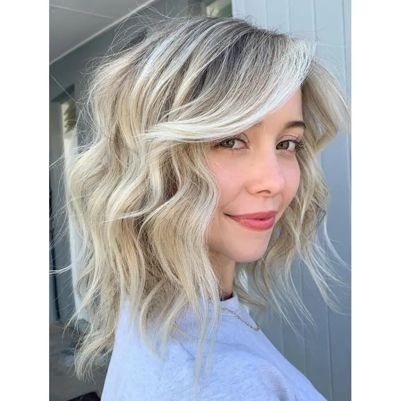 Ladies Wigs Blonde Synthetic Wavy Layered Side-Swept Bangs Wigs Lace Wigs