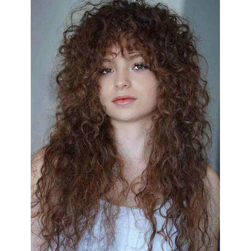 Buy Wigs Online Curly Lace Front Brown Synthetic With Bangs Long Shaggy Wigs