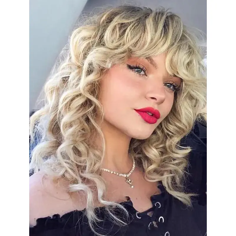 Curly Blonde Wig Lace Front Shoulder Length Synthetic With Bangs Long Shag Wigs