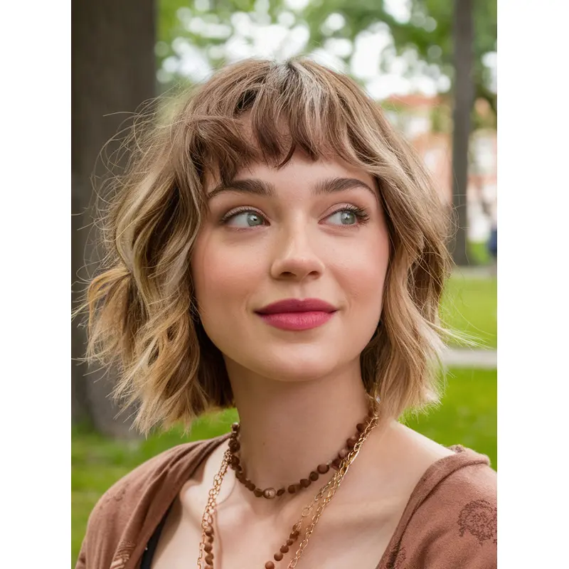 Medium Blonde Wavy Wig Synthetic 12" Bobs Shoulder Length Lace Front Wigs