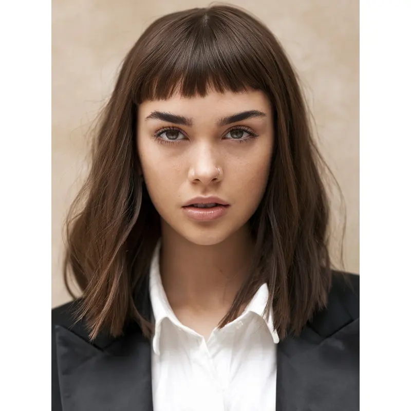 Medium Brown Wig With Bangs 12" Monofilament Synthetic Wigs