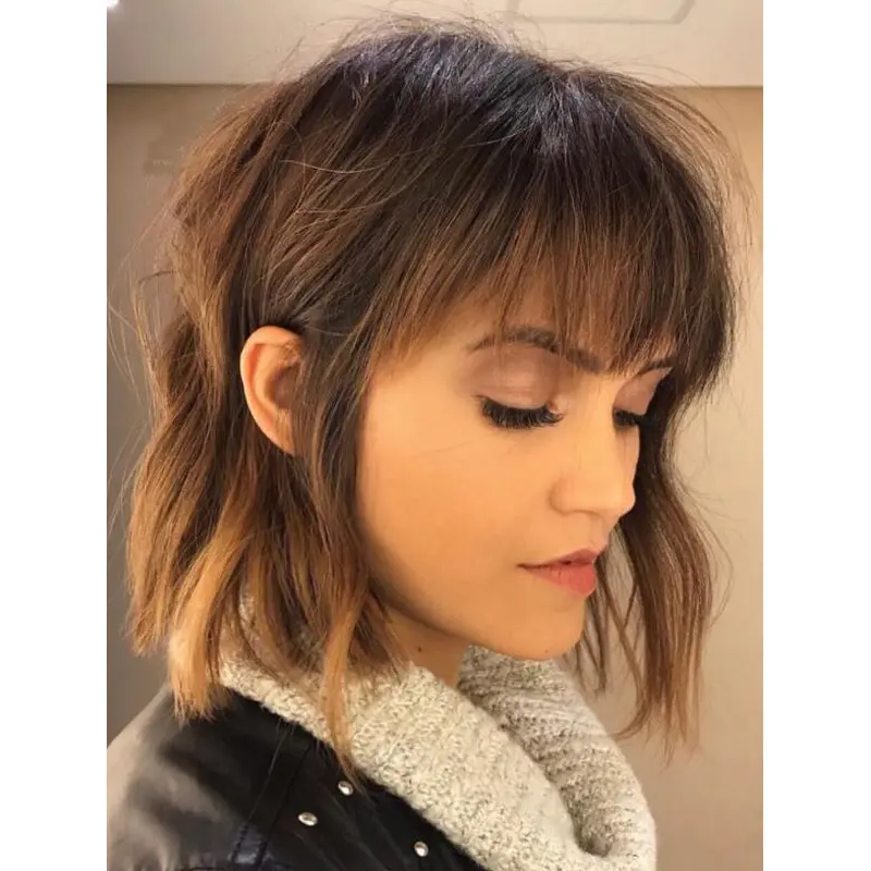 Wavy Synthetic Wigs Shoulder Length Lace Front Brown Bobs Choppy Bangs Wigs