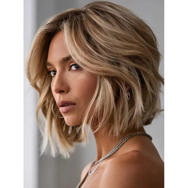 Blonde Bob Wig Real Hair Lace Front Wavy Chin Length 10" Wigs