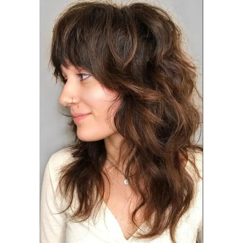 Brown Wig Shoulder Length Wavy Wigs Synthetic With Bangs Lace Front Wigs