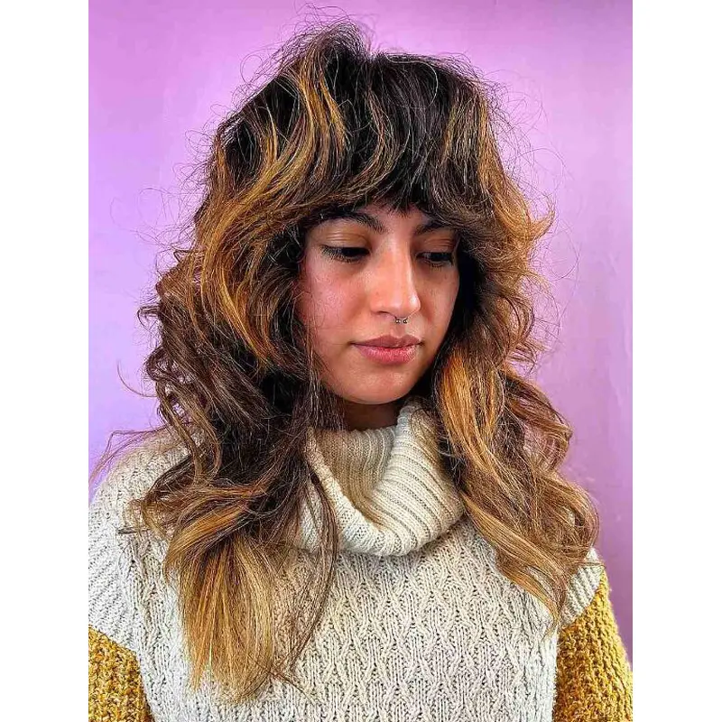 Heat Resistant Wigs Long Brown Layered Wavy Lace Front Shaggy Heavy Bangs Wigs