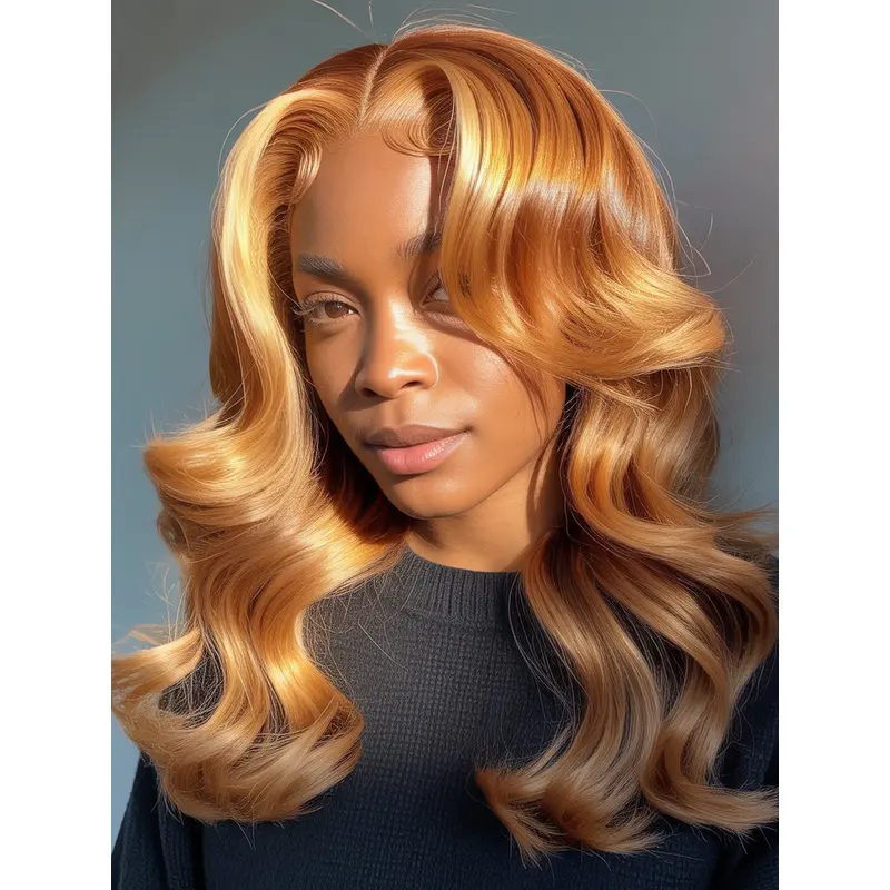 Honey Blonde Wigs For African American Remy Human Hair Wavy Layered Wigs