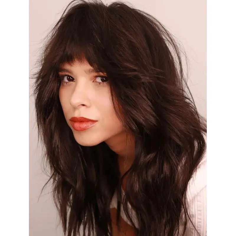 Human Hair Lace Wig Wavy Long Brown Wigs Feathered Bangs Wigs