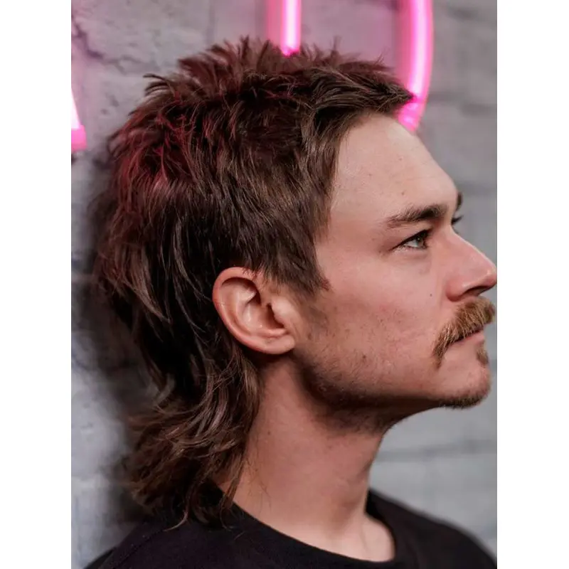 Lace Front Male Wig Layered Shoulder Length Brown Synthetic Wigs