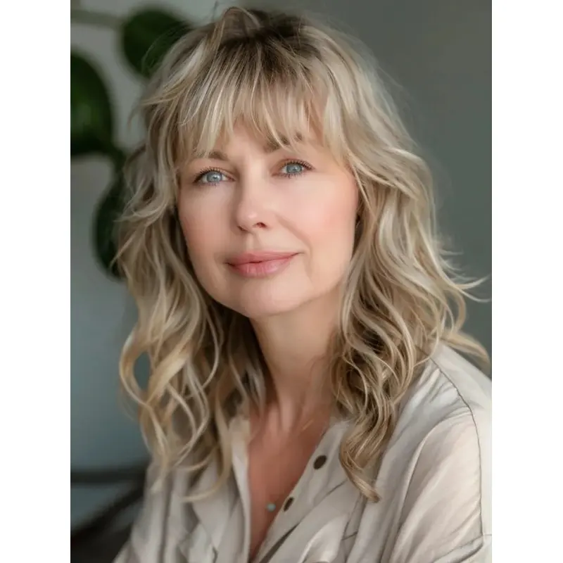 Long Blonde Human Hair Wig Lace Front 16" Layered Wavy Wigs