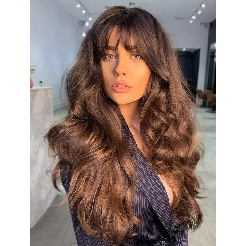 Long Wigs With Bangs Synthetic Wavy Lace Wigs Suitable Long Brown Wigs