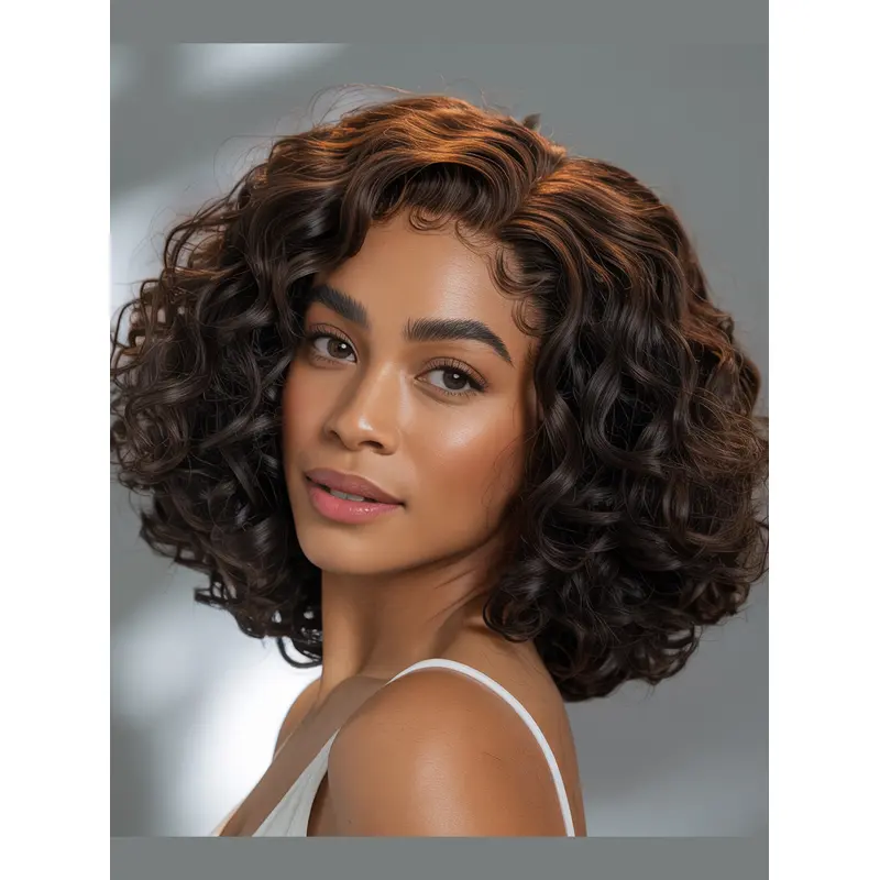 Medium Curly Wigs For African American 12" Brown Lace Front Wigs