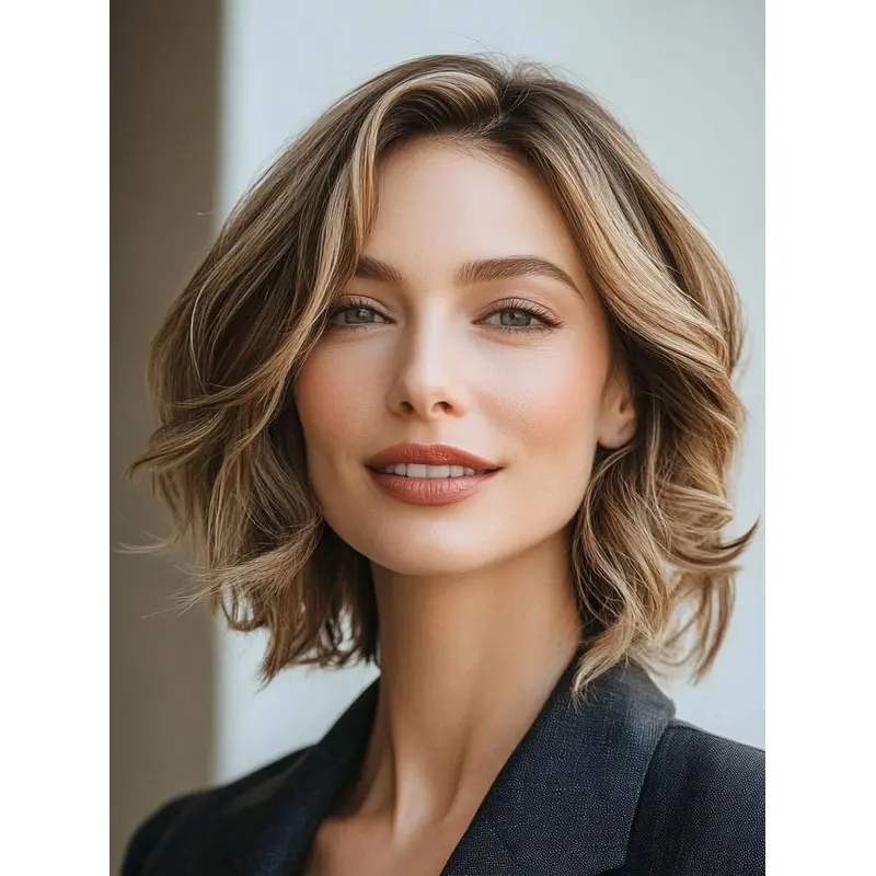 Medium Length Layered Wig Lace Front 12" Remy Human Hair Blonde Wavy Wigs