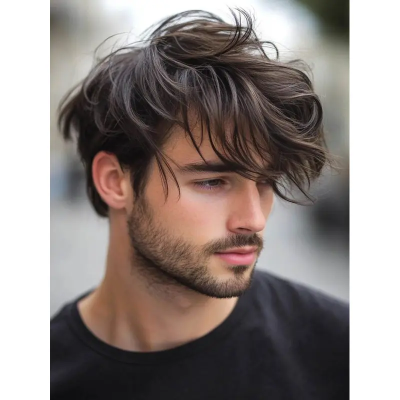 Mens Real Hair Wigs Brown Wavy Short Monofilament Wigs