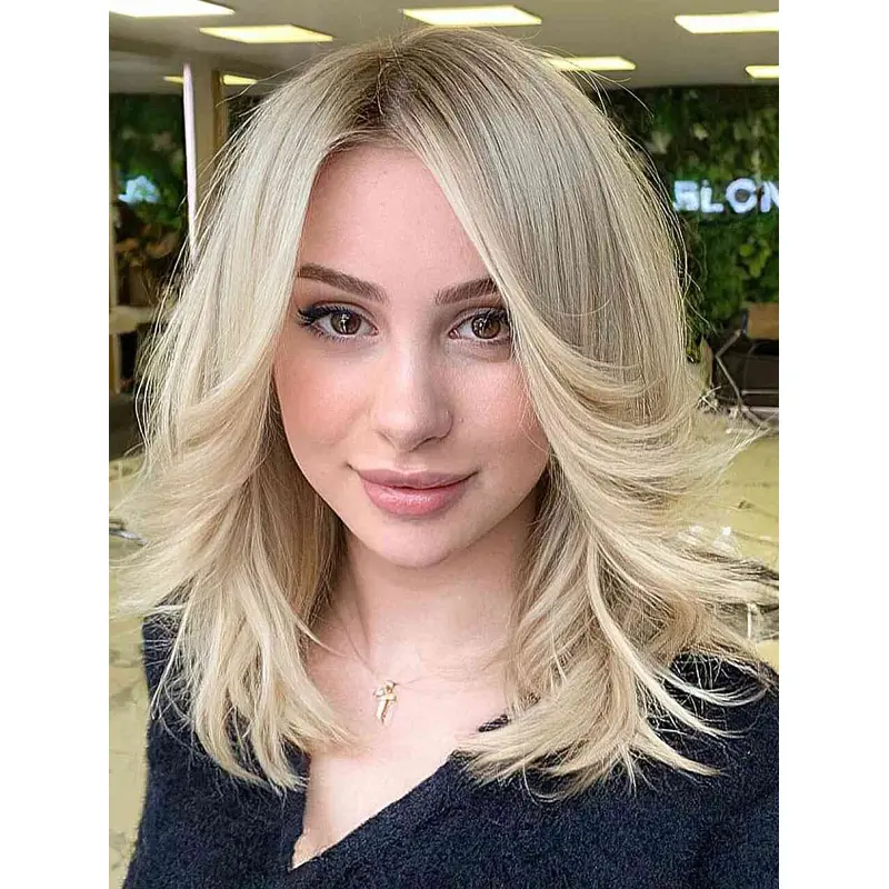 Mid Length Wigs Lace Front Blonde Wigs With Bangs Synthetic Wigs