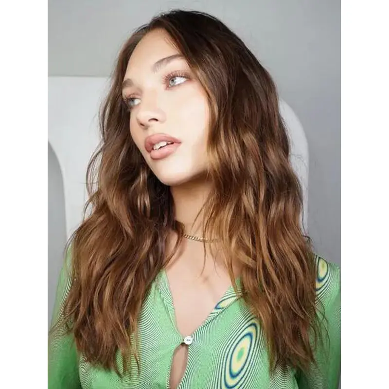 Real Human Hair Wigs Lace Front Wavy Wigs Brown Long Layered Wigs