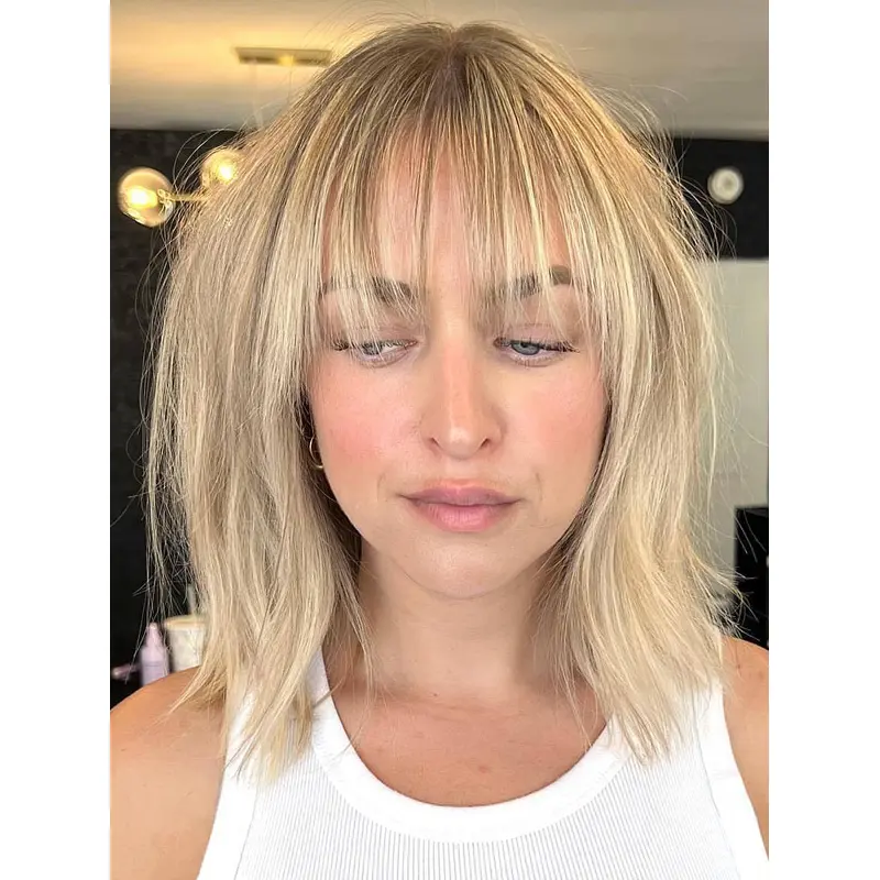 Straight Medium Hair With Bangs Blonde Shoulder Length Lace Front 14" Wigs