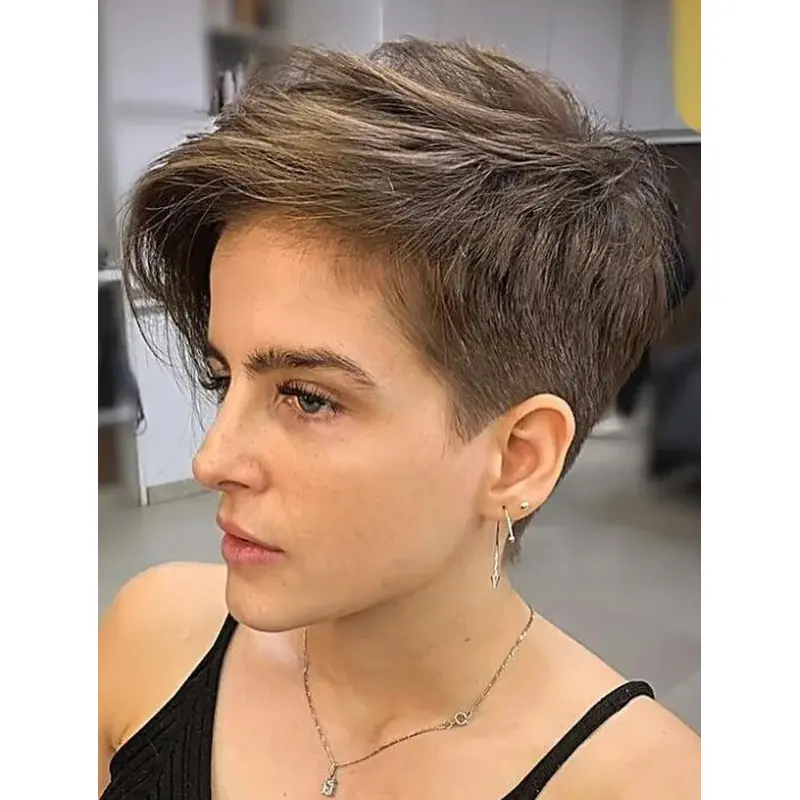 Ladies Wigs Straight Brown Lace Front Synthetic Boycuts Long Feathered Bangs Wigs