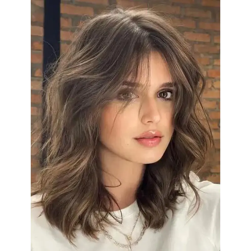 Layered Lace Front Wig Brown Wavy Shoulder Length Choppy Fringe Wigs