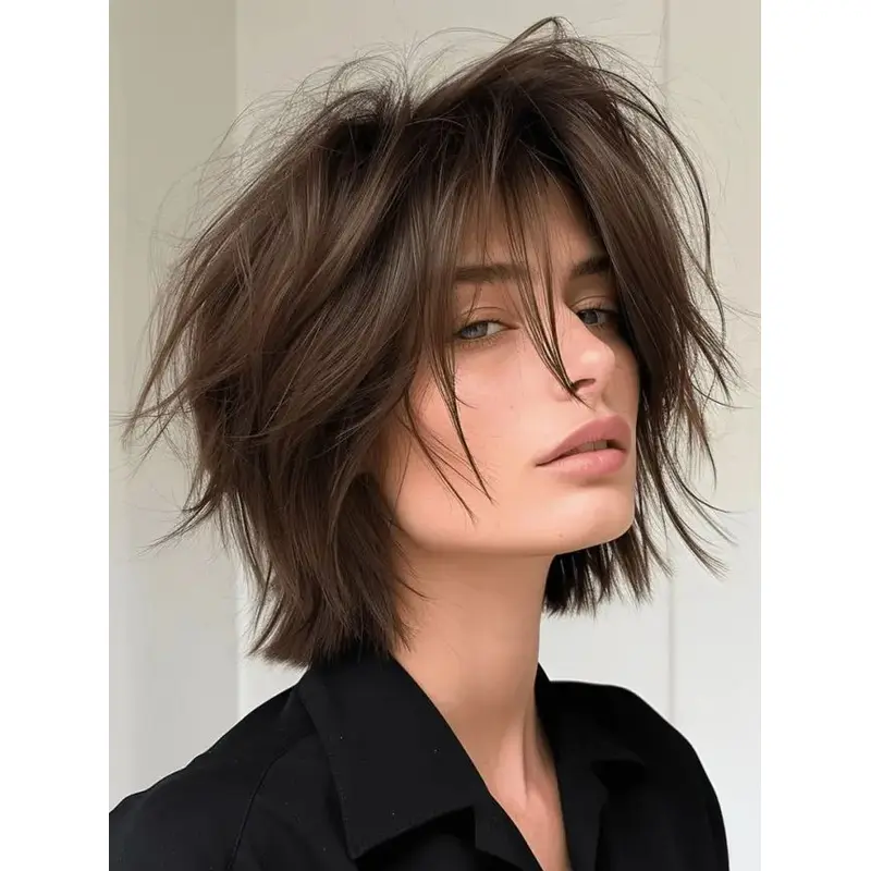 Medium Brown Bob Wig Straight Synthetic 12" Shoulder Length Lace Front Wigs