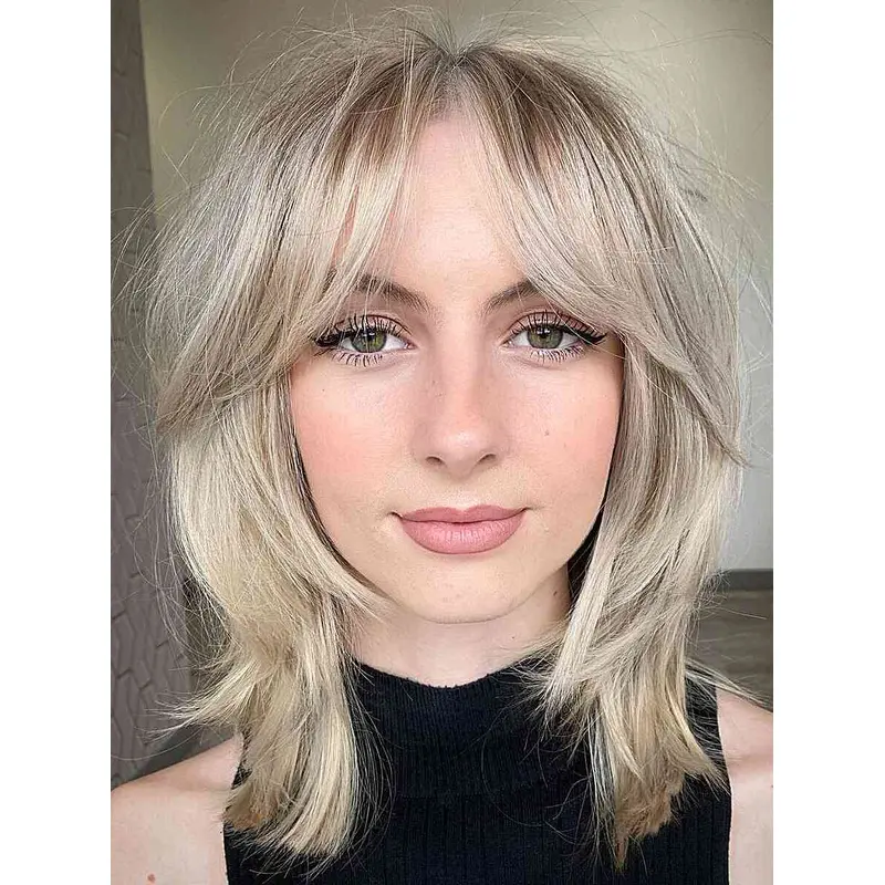 Mid Length Lace Front Wigs Wavy With Bangs 12" Blonde Wigs