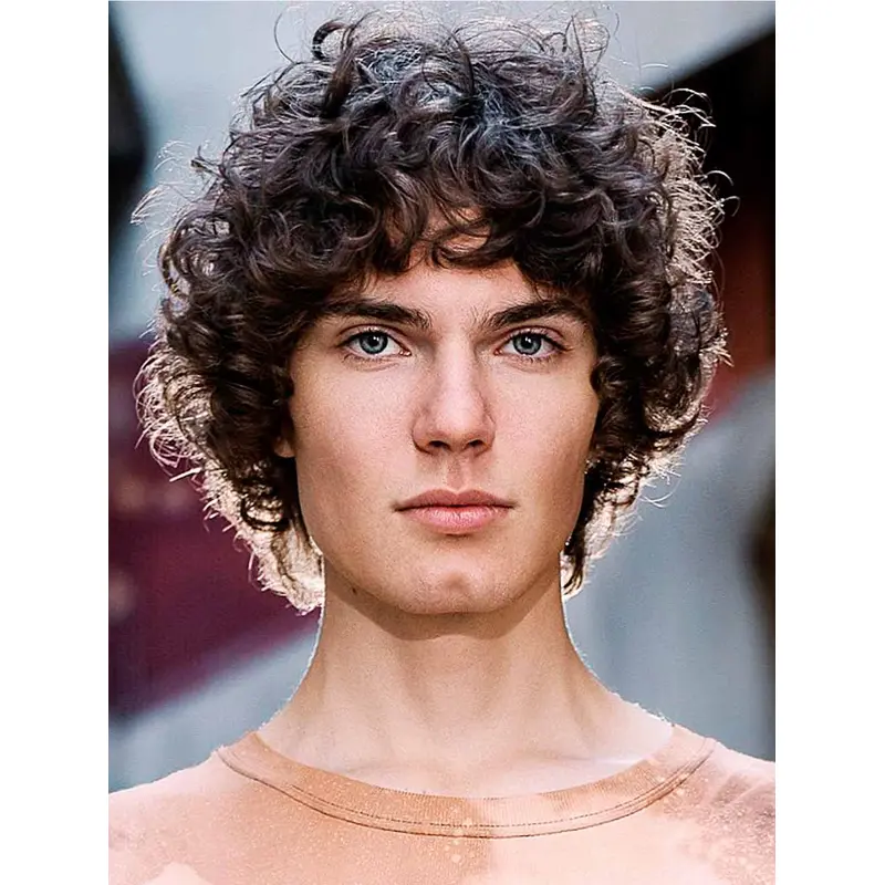 Monofilament Brown Curly Remy Human Hair Medium Fluffy Men Wigs