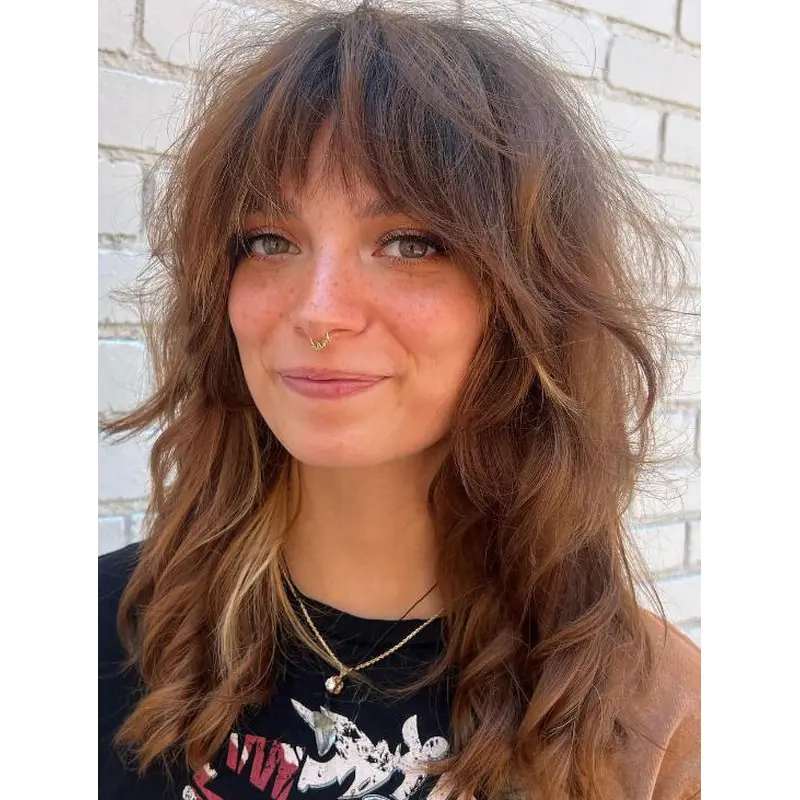 Lace Front Wigs Shoulder Length Wavy Wigs With Bangs Good Synthetic Wig