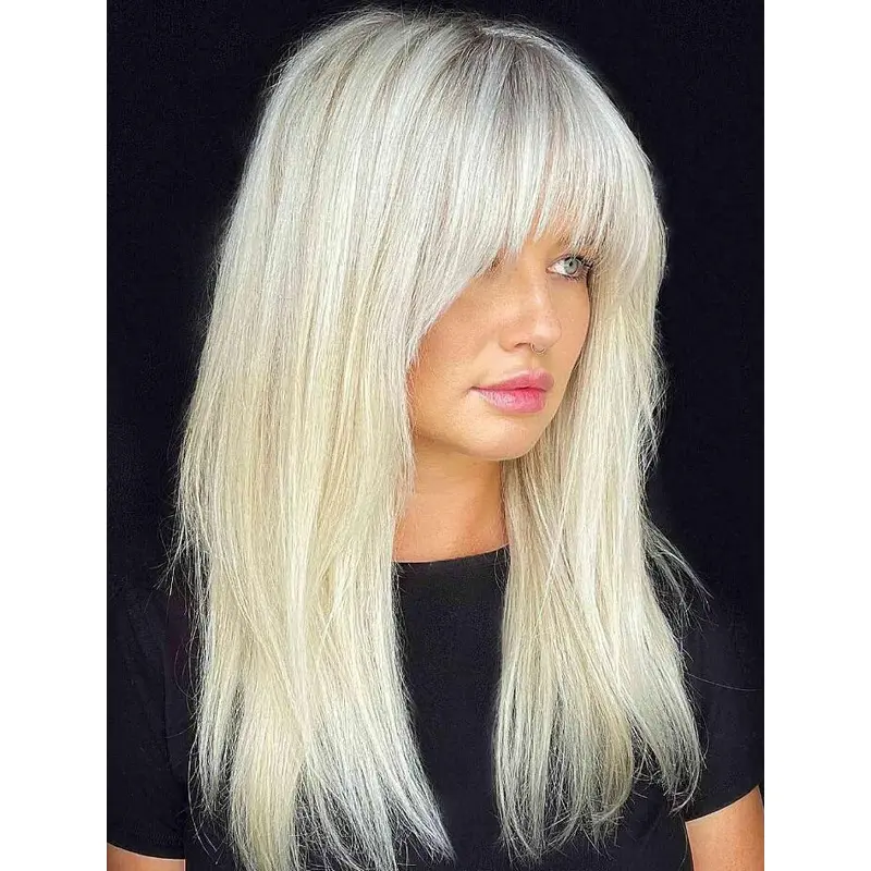 Long Blonde Wigs Straight Lace Front Synthetic With Bangs Lived-In Rooted Wigs