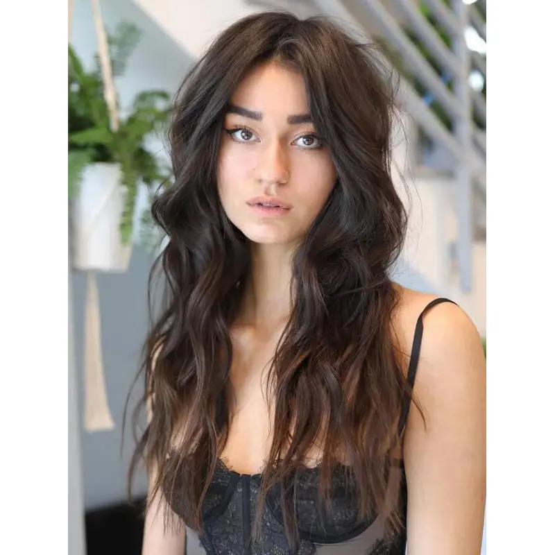 Long Shag Wigs Brown Human Hair Lace Wig Wavy Without Bangs Wigs Long Hair