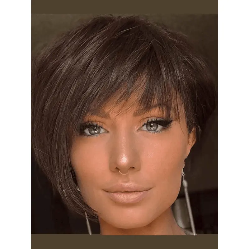 Short Brown Hair Wig Monofilament With Bangs 6" Wigs