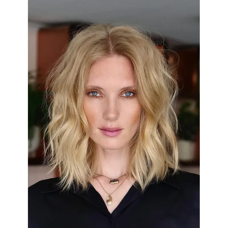 Shoulder Length Wig Blonde Synthetic Wigs Without Bangs Lace Wavy Wigs