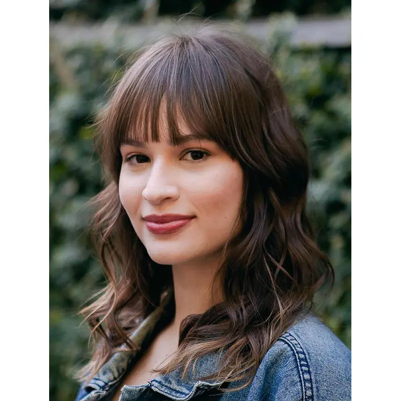 Shoulder Length Wigs With Bangs Synthetic Brown Wigs Lace Front Wavy Wigs