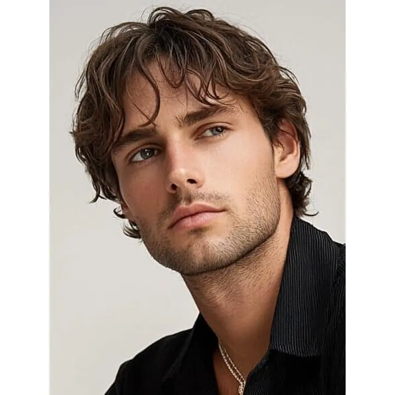 Synthetic Mens Wigs Brown Short 6" Wavy Layered Wigs