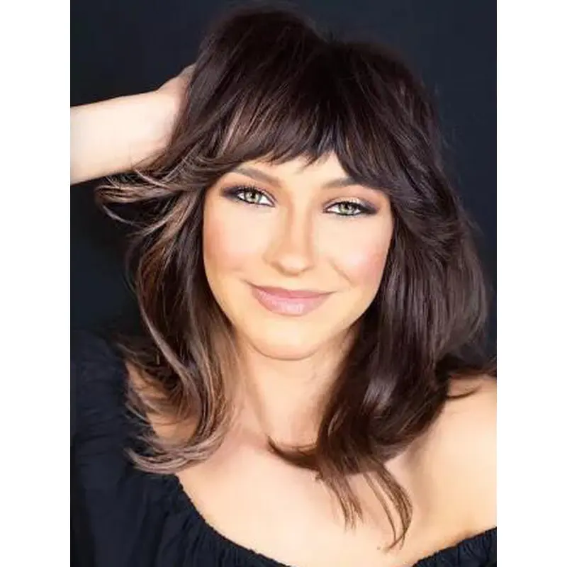 Lace Wigs With Bangs Brown 14" Wavy Lace Front Piece-y Midi Shag Wigs