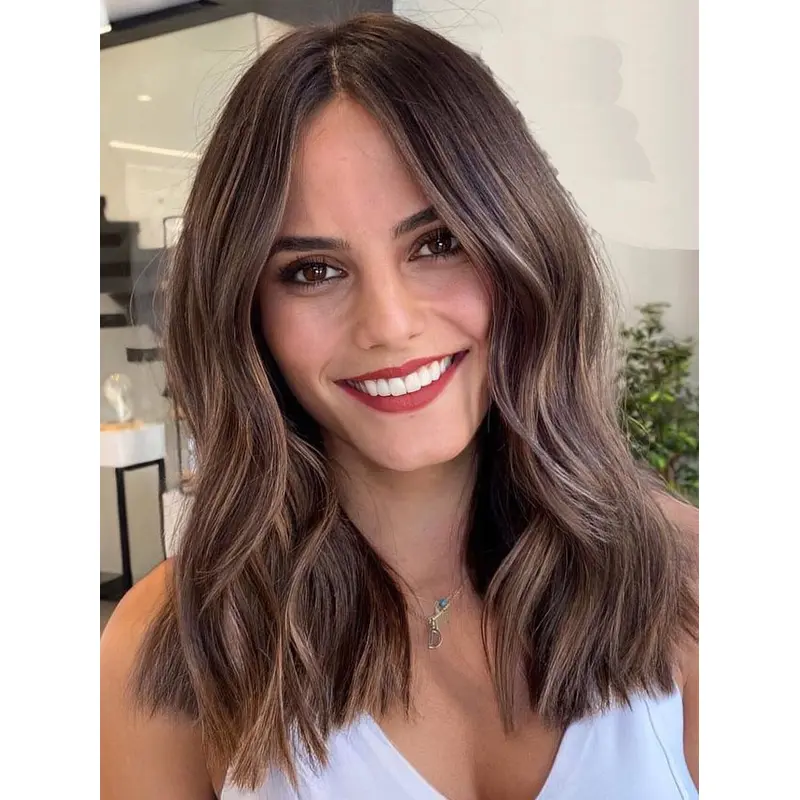 Medium Brown Hair Wigs Wavy Layered 14" Shoulder Length Wigs