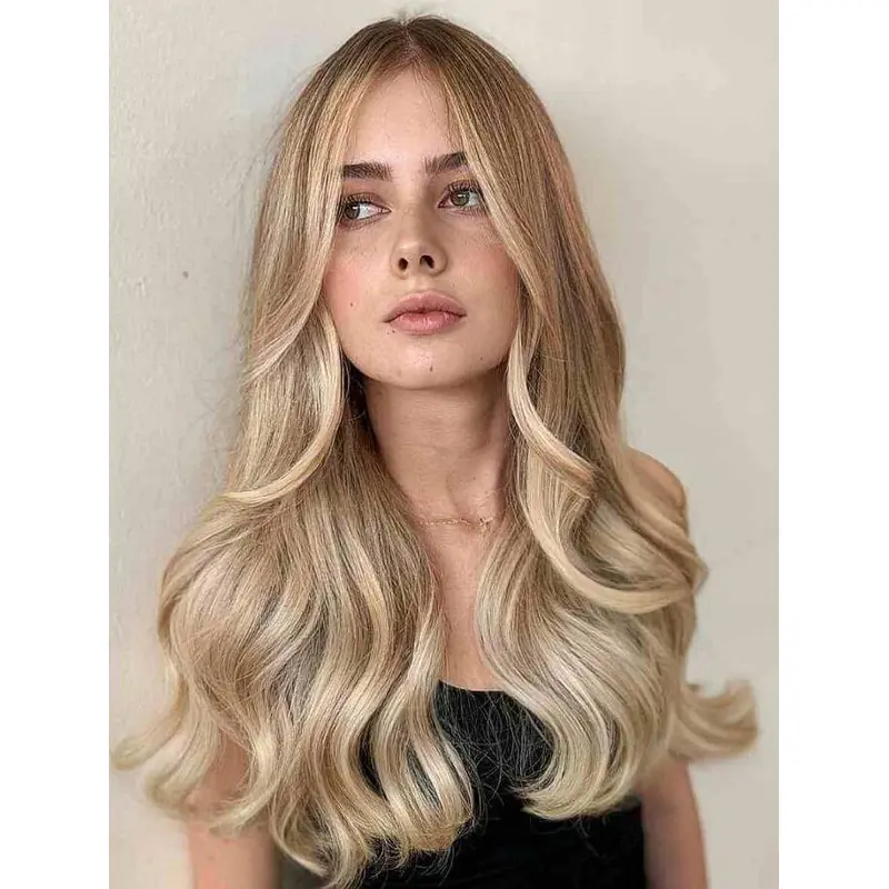 Real Human Hair Wigs Blonde Lace Front Wigs Long Wavy Layered Curtain Bangs Wigs