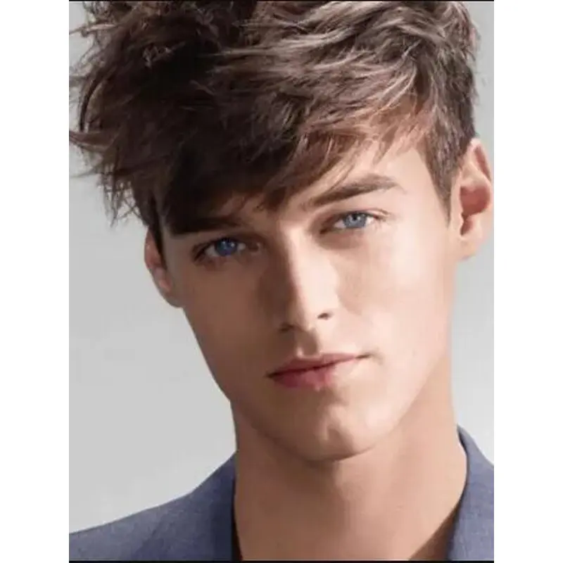 Brown Capless Straight Short Remy Human Hair Layered Men Wigs