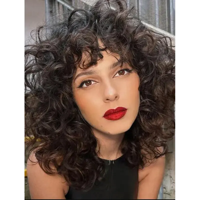 Long Curly Wig Brown Lace Front With Bangs Midlength Shag Wigs