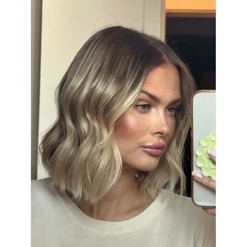 Medium Blonde Bob Wig Monofilament Remy Human Hair Shoulder Length Wavy 12" Wigs