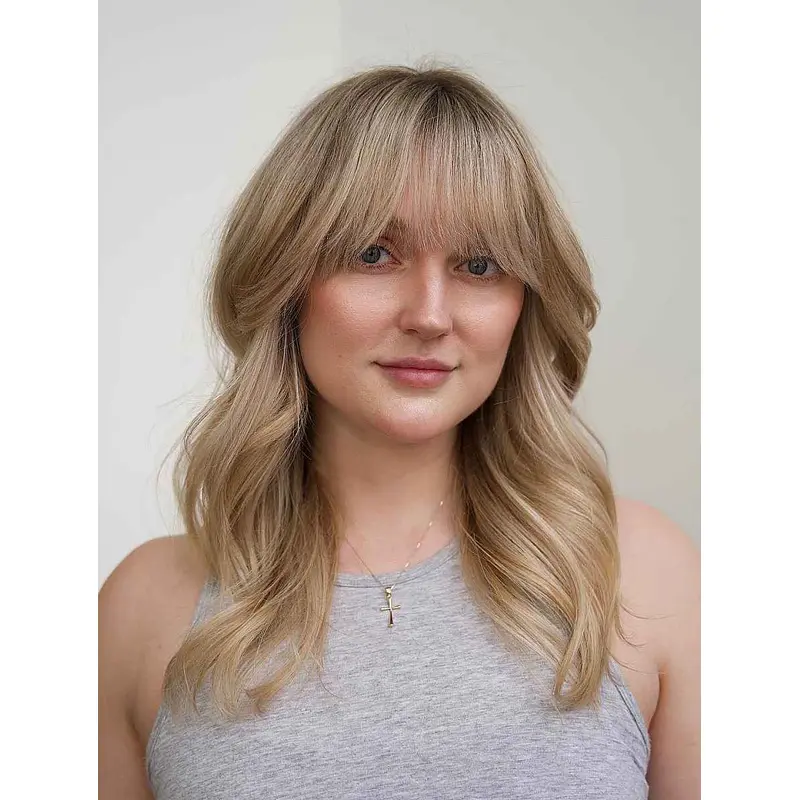 Medium Length Blonde Wigs Lace Front Wavy Wigs Synthetic With Bangs Wigs
