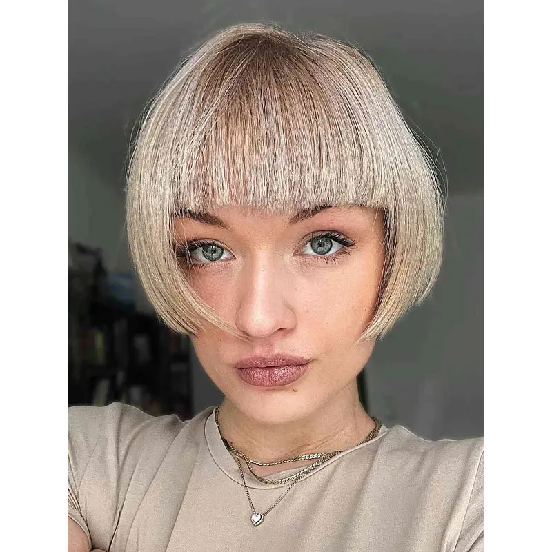 Short Bob Wigs Lace Front Wig Designed Blunt Bangs Wigs Short Blonde Wig