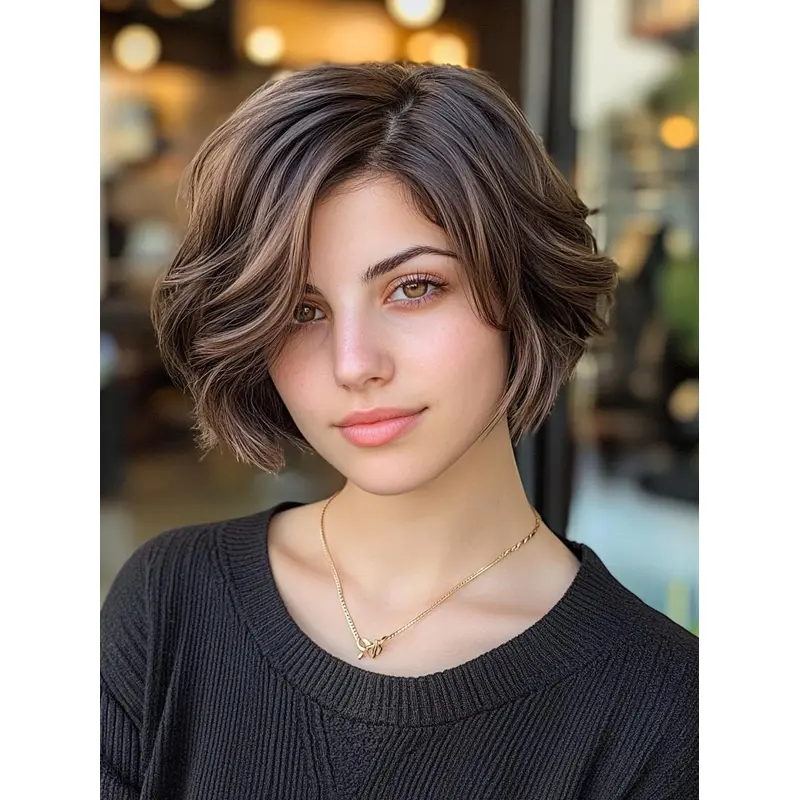 Short Hair Style Wigs Monofilament Brown Synthetic 8" Bobs Wavy Wigs