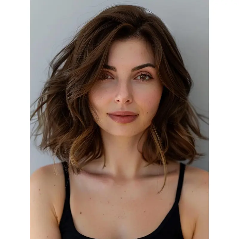 Ladies Wigs Real Hair Long Bob Layered Wavy 14" Brown Wigs