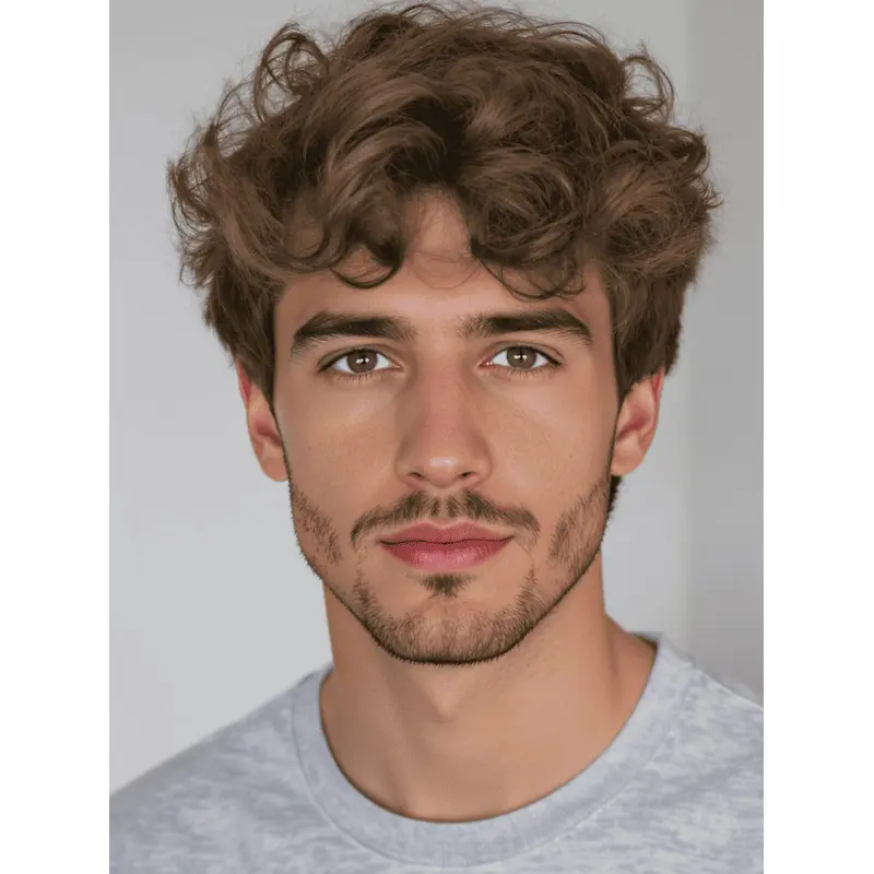 Mens Brown Wig With Bangs Monofilament 4" Wavy Wigs