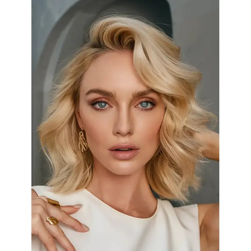 Wig Medium Hair Bobs Shoulder Length Blonde 12" Synthetic Wavy Wigs