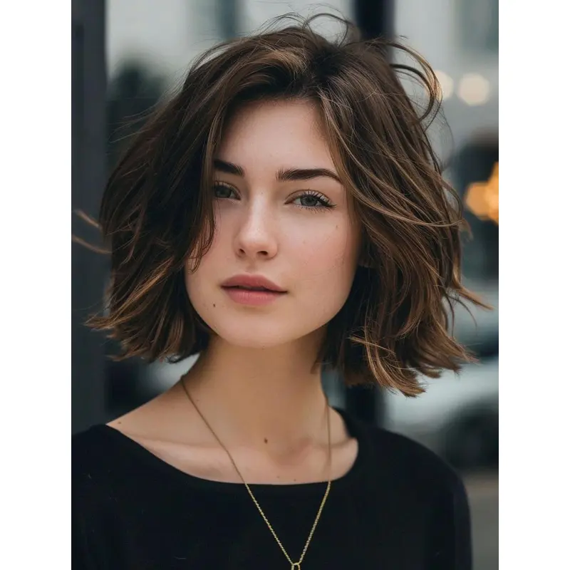 Brown Bob Wigs Remy Human Hair 10" Wavy Layered Wigs