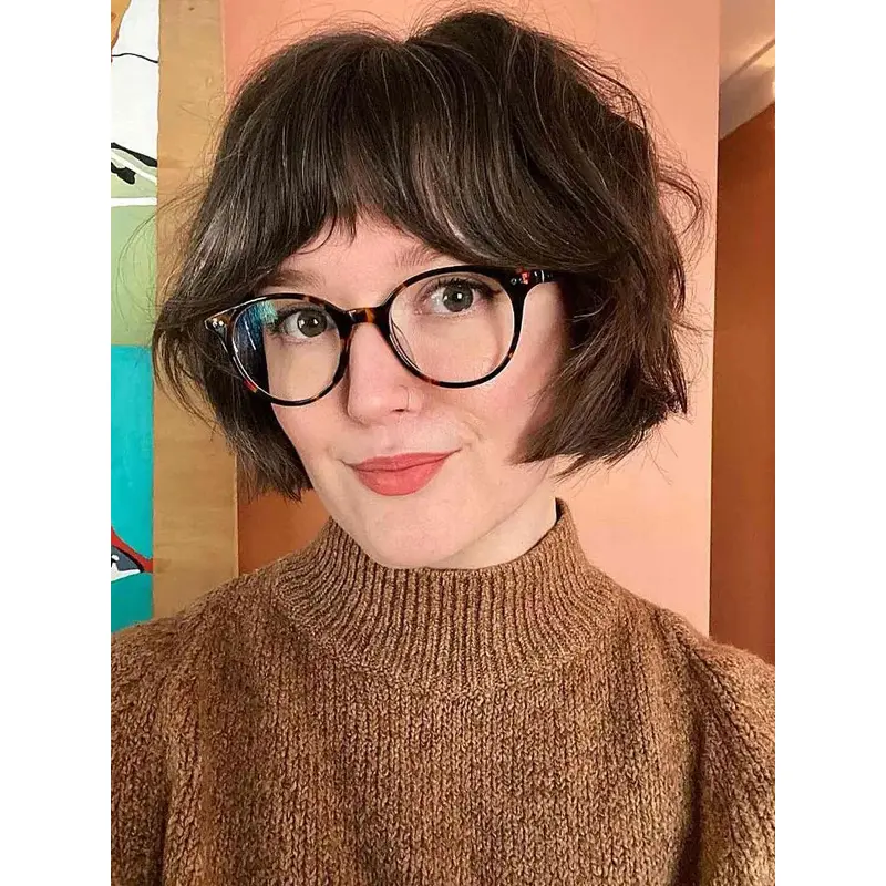 Brown Short Bob Wigs 8" Lace Front With Bangs Remy Human Hair Wigs