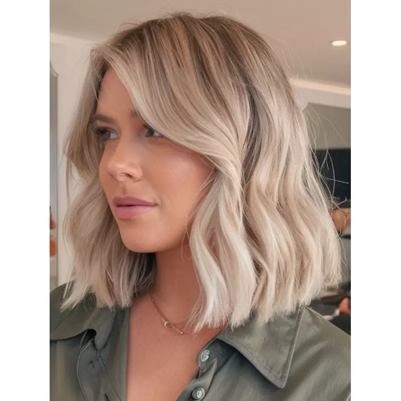 Medium Human Hair Wigs Monofilament 12" Wavy Bobs Wigs