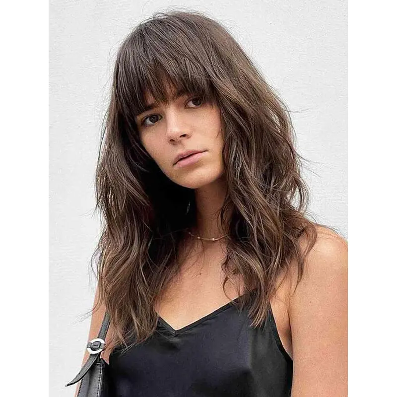 Real Human Hair Wigs Brown Lace Front Long Wigs With Bangs Face-Framing Wigs