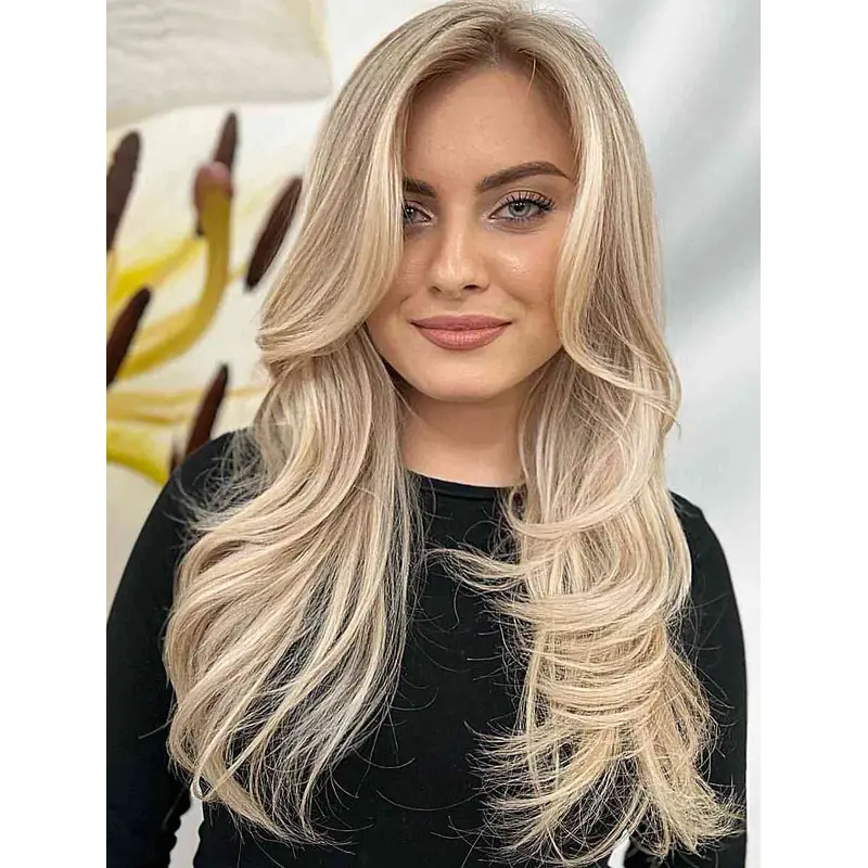 Blunt Bangs Wavy Natural Lace Front Layered Wig Ceter Part Long Wigs